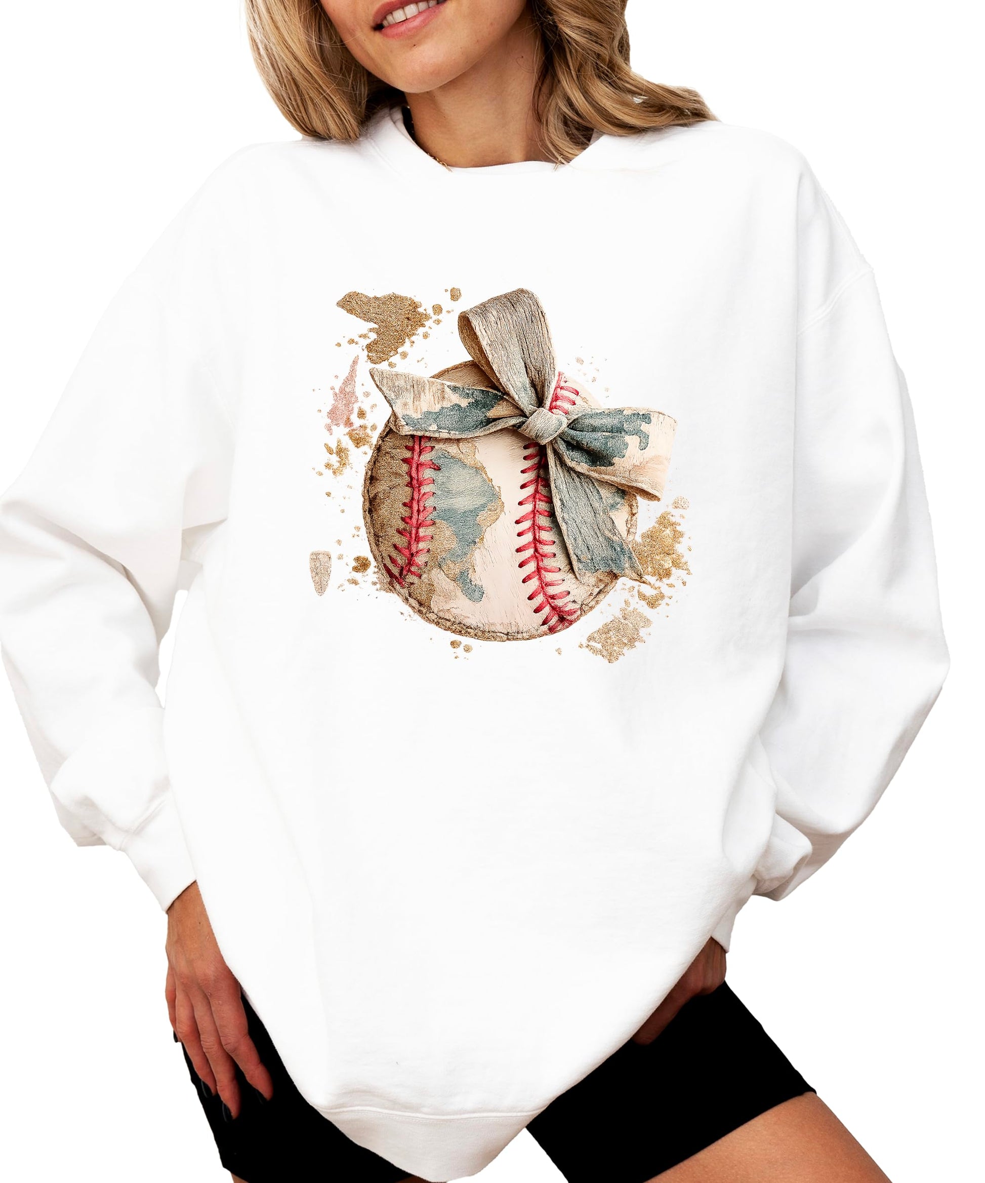 Full front view of women's camo coquette bow baseball sweatshirt in army green