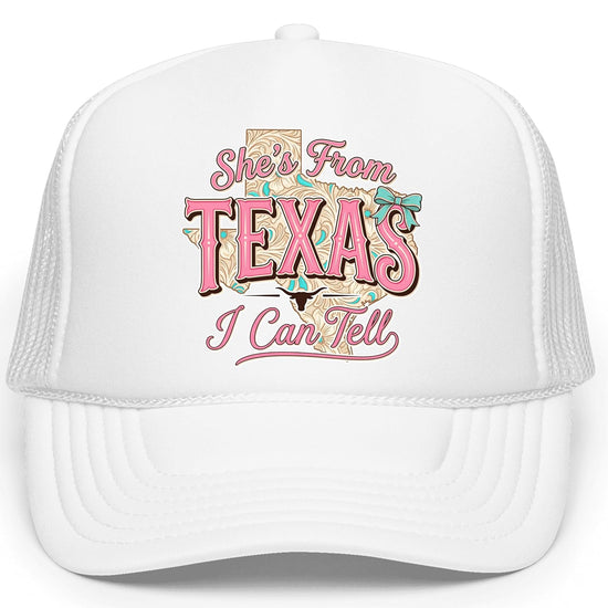 Side view of white and black mesh trucker hat showing structured foam front and curved brim