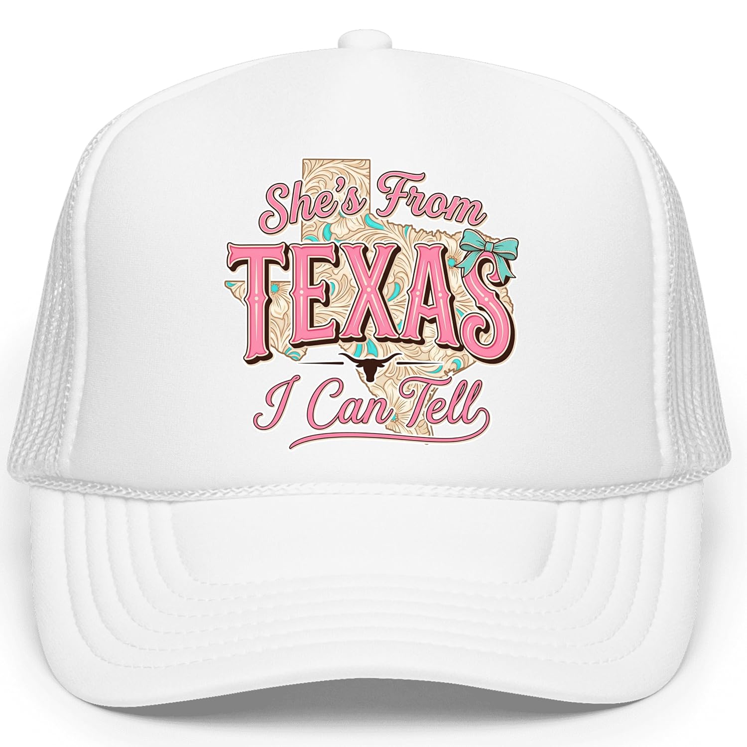 Side view of white and black mesh trucker hat showing structured foam front and curved brim