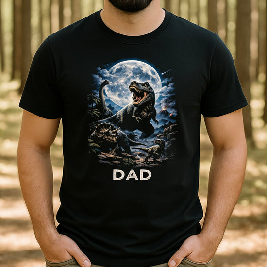 T-Rex family birthday shirt set showing all three matching designs together