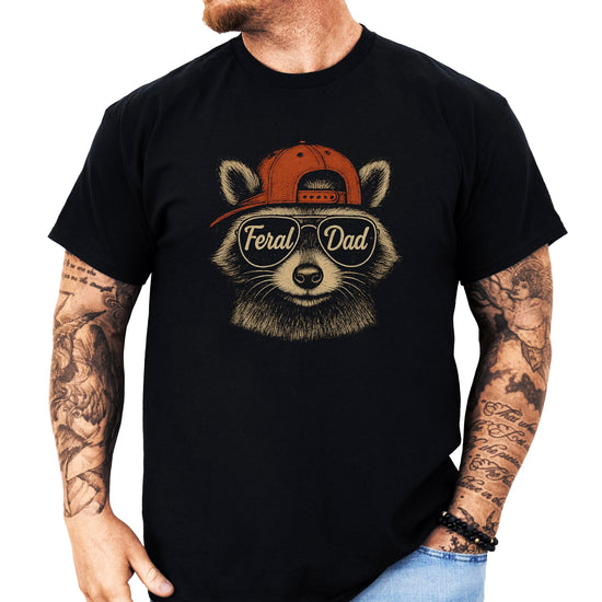 Feral Dad black t-shirt with cool raccoon wearing sunglasses and hat graphic for men