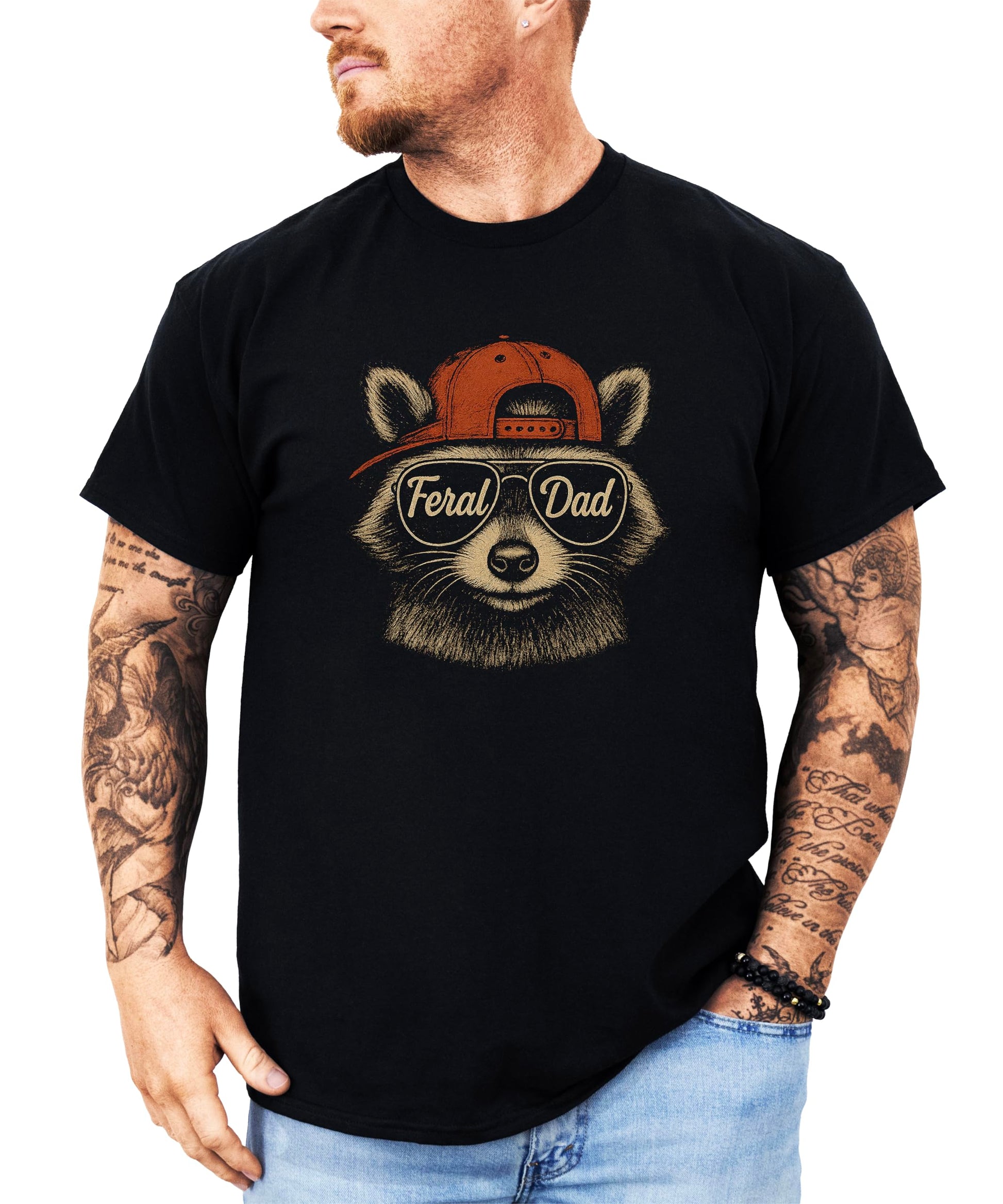 Feral Dad black t-shirt with cool raccoon wearing sunglasses and hat graphic for men