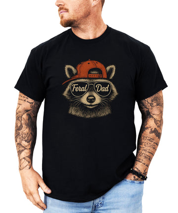 Feral Dad black t-shirt with cool raccoon wearing sunglasses and hat graphic for men