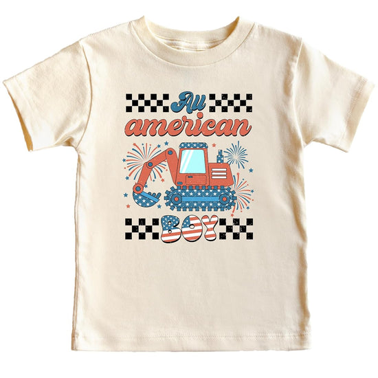 Close-up of excavator graphic with stars, stripes, and vintage lettering on kids t-shirt
