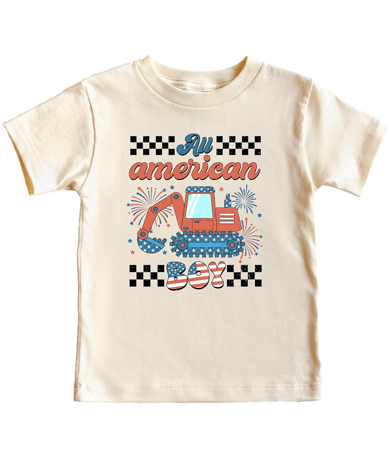 Close-up of excavator graphic with stars, stripes, and vintage lettering on kids t-shirt