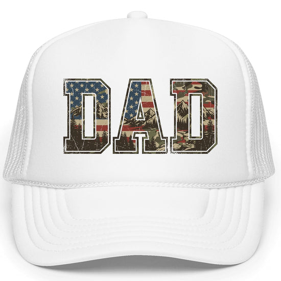Patriotic dad trucker hat displayed at angle showing structured foam front and breathable mesh back panels