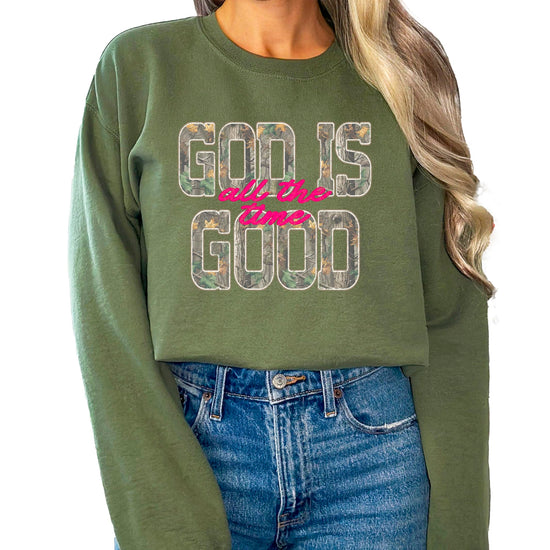 Flat lay of Christian faith camo sweatshirt showing full design