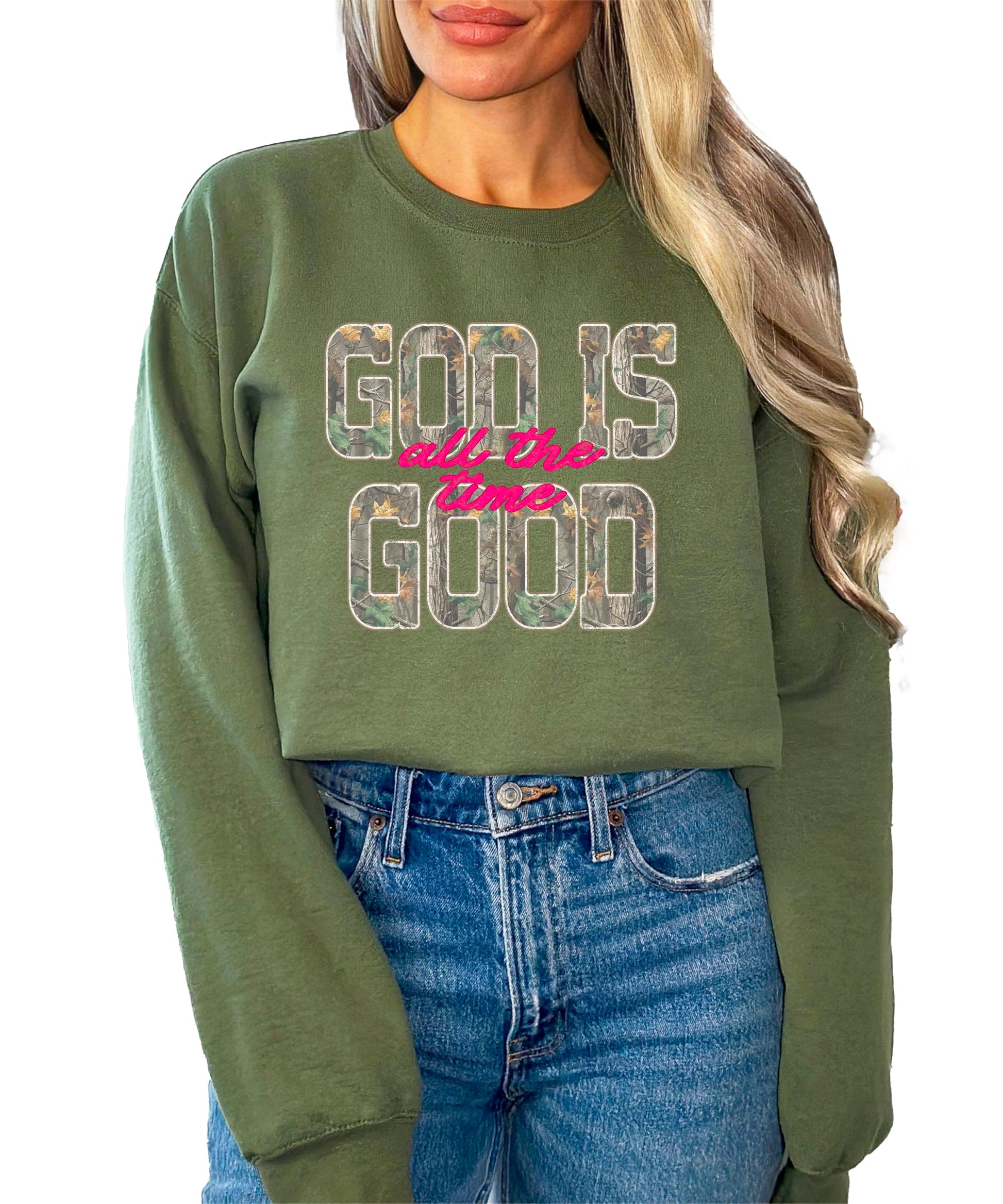 Flat lay of Christian faith camo sweatshirt showing full design