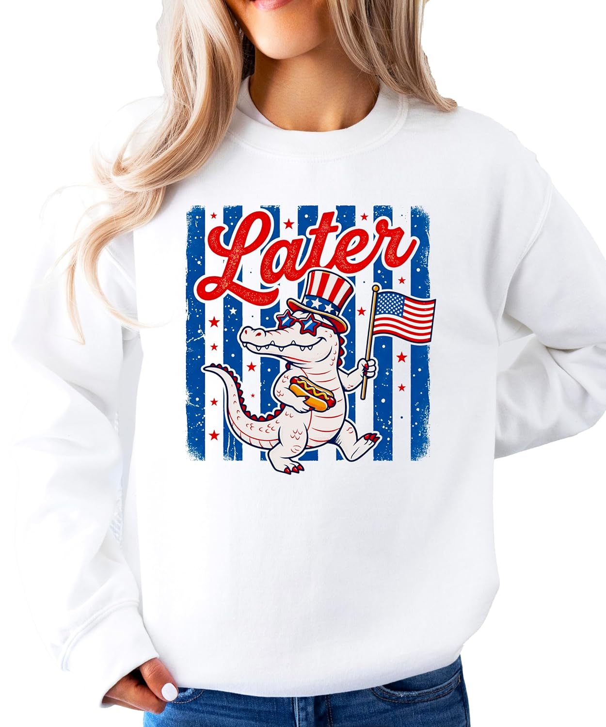 Multiple color options of Later Gator 4th of July sweatshirt in white and gray with alligator graphic