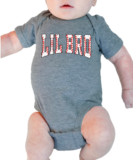 Full product view of Lil Bro baseball varsity style baby bodysuit in white