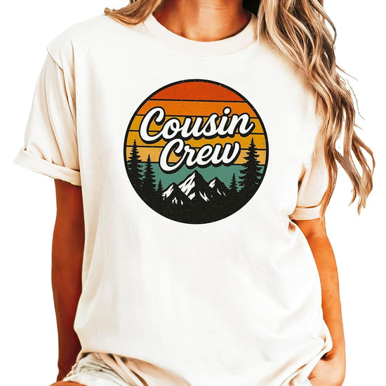 Close-up of Cousin Crew vintage mountain and pine tree graphic print on natural cotton t-shirt