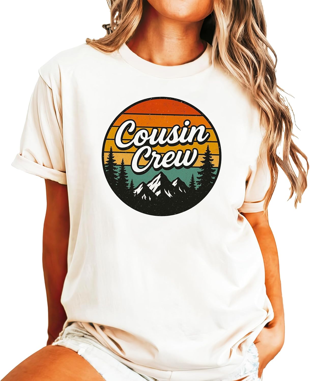 Close-up of Cousin Crew vintage mountain and pine tree graphic print on natural cotton t-shirt