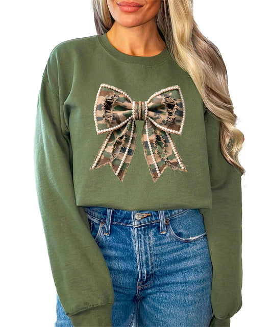 Olive Loves Apple Ink Printed Image NOT Fabric and Pearls Camo Coquette Bow with Pearl Trim Sweatshirt for Women & Youth
