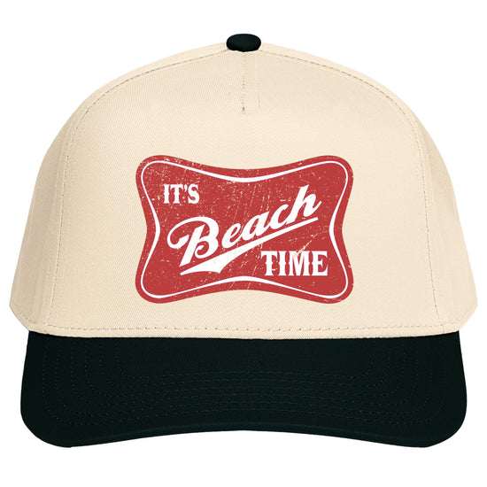 It's Beach Time tan and black vintage snapback hat front view showing coastal graphic design