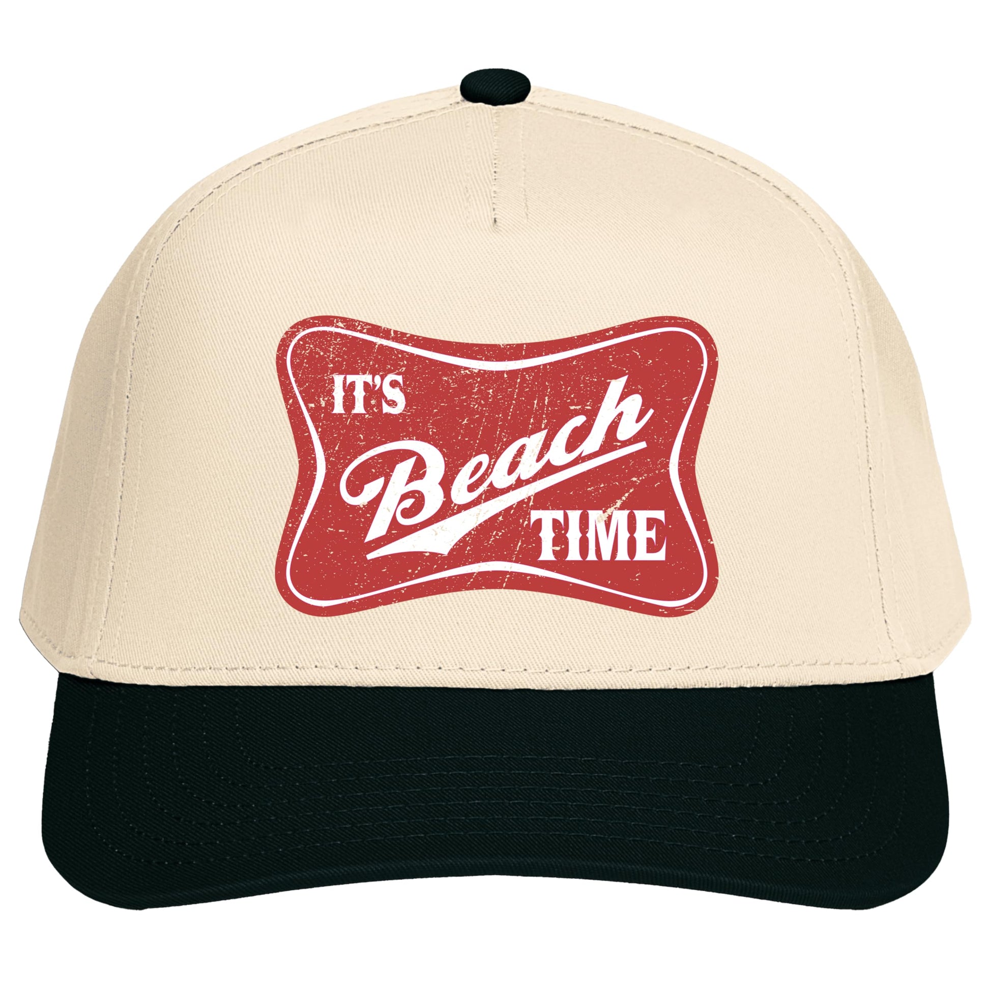 It's Beach Time tan and black vintage snapback hat front view showing coastal graphic design