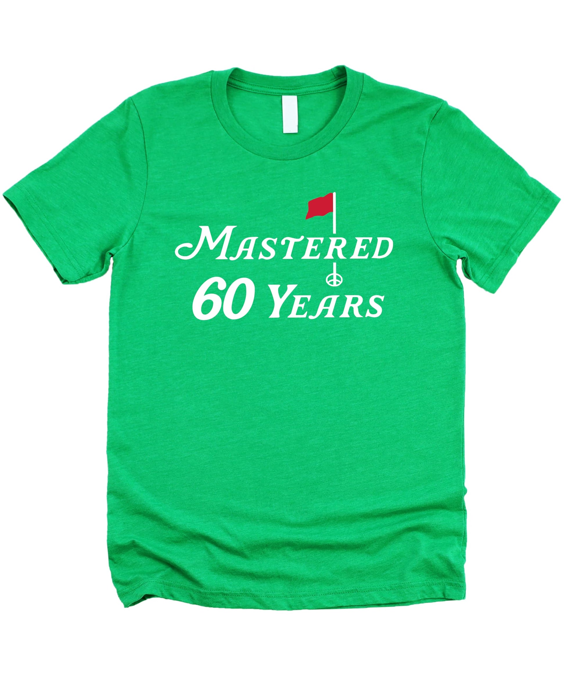 Vintage green Mastered 60 Years golf t-shirt with golf club graphics on front