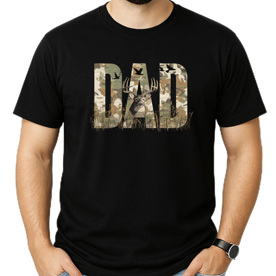 Black men's t-shirt with camo DAD text and deer silhouette hunting graphic design