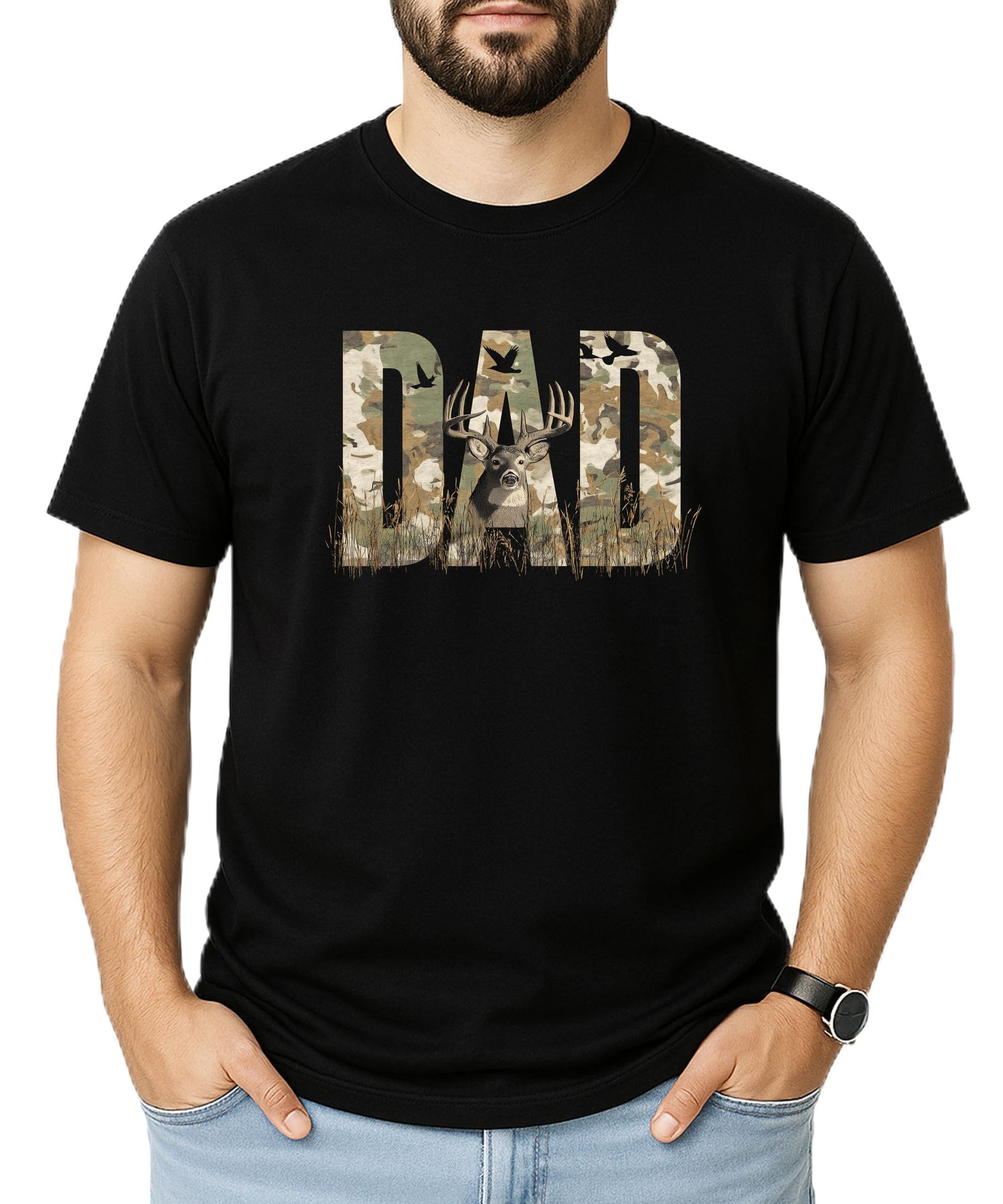 Black men's t-shirt with camo DAD text and deer silhouette hunting graphic design