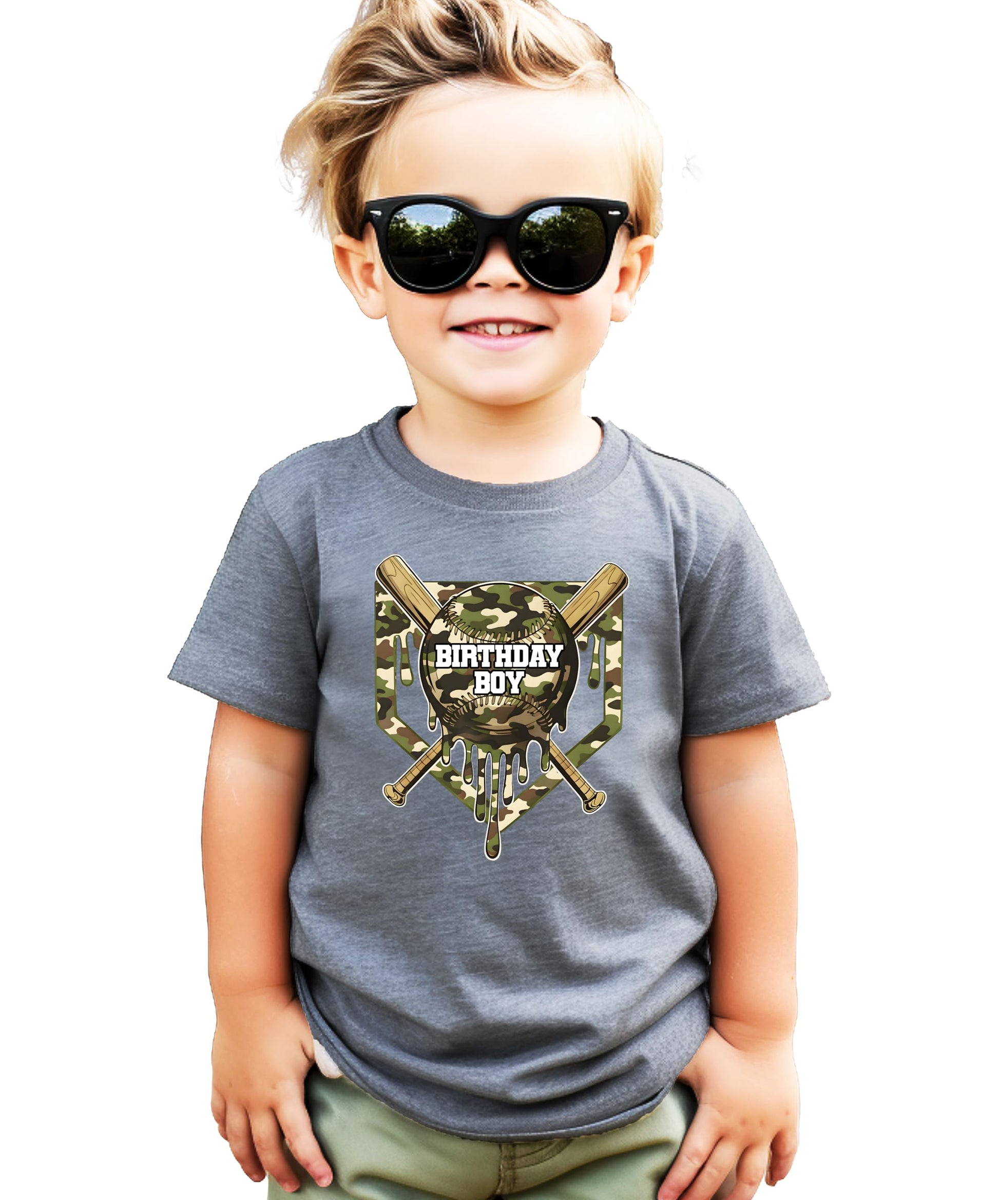 Boys camo baseball birthday shirt size and fit guide chart