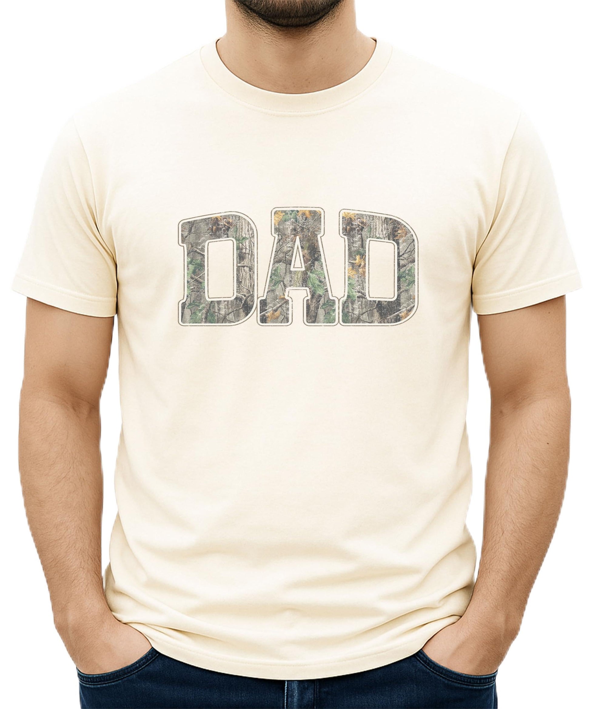 Close-up view of camouflage DAD lettering on black men's t-shirt