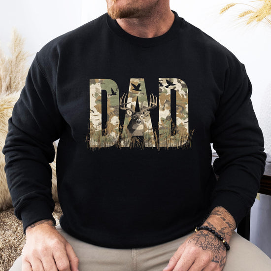 Detailed shot of hunting themed DAD graphic with camo fill and deer artwork