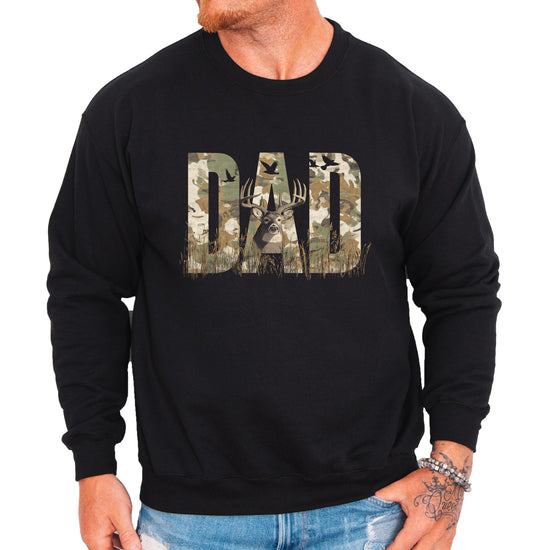 Close-up of DAD hunting graphic showing detailed camouflage pattern and deer silhouette design