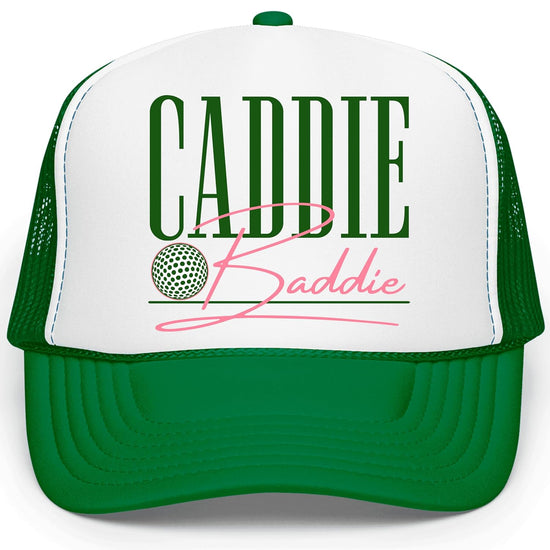 Side view of Caddie Baddie golf trucker hat showing mesh back panels and snapback closure detail