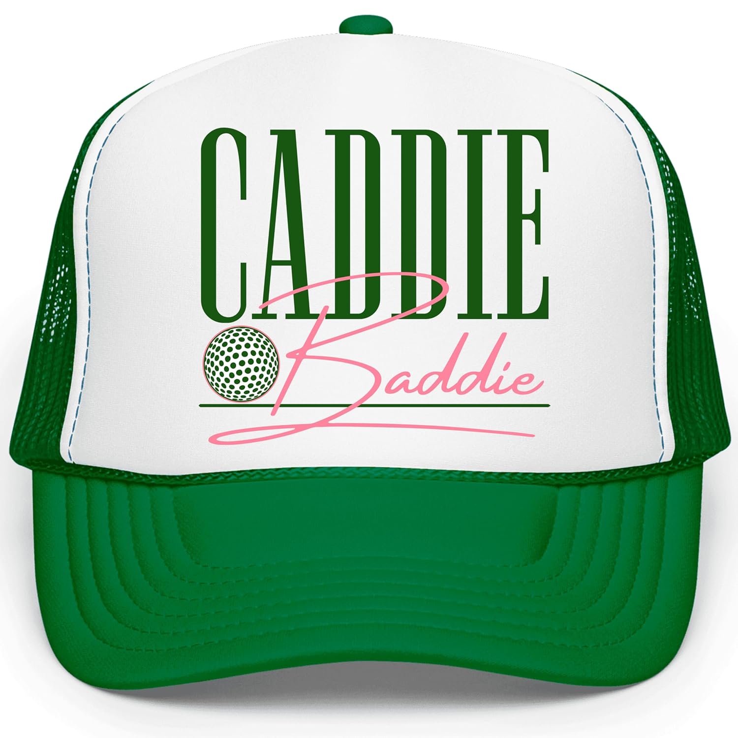 Side view of Caddie Baddie golf trucker hat showing mesh back panels and snapback closure detail