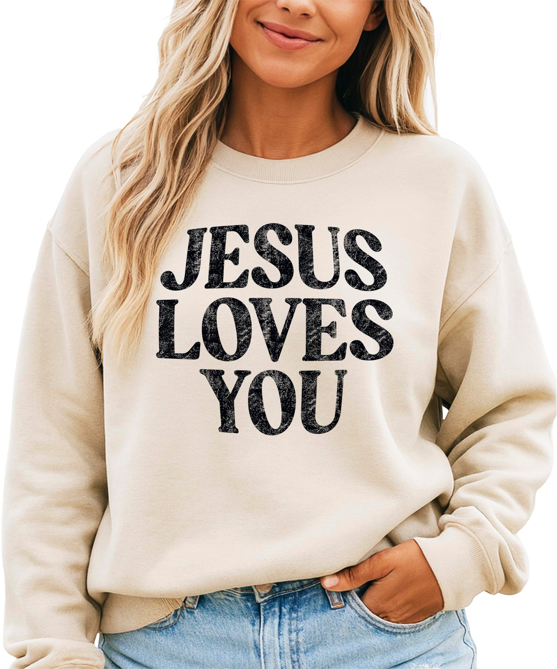 Side angle view of woman modeling Jesus Loves You faith sweatshirt