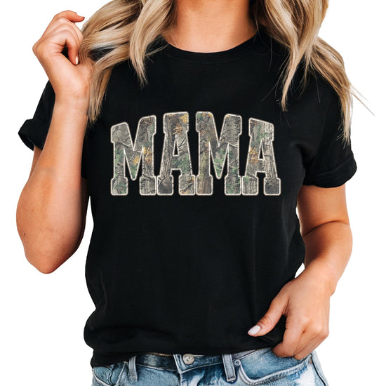 Black mama and mini camo matching shirts with camouflage print lettering on white background