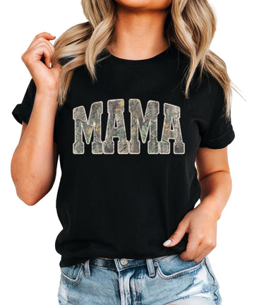 Black mama and mini camo matching shirts with camouflage print lettering on white background
