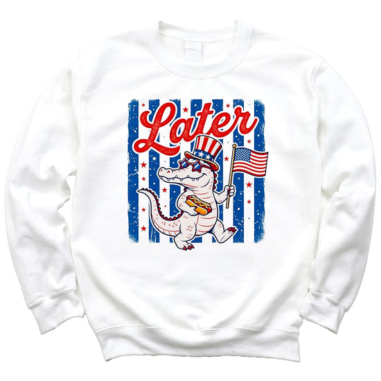 Close-up of Later Gator sweatshirt design showing detailed alligator character with American flag accessories