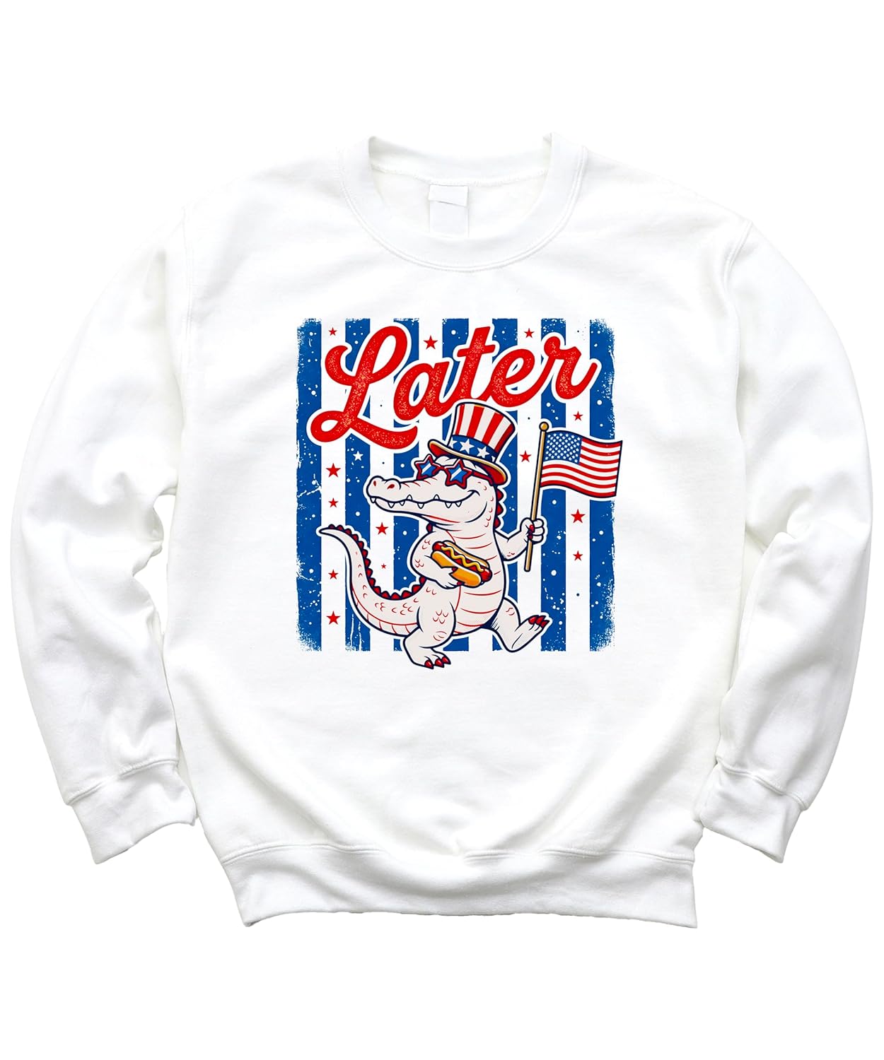 Close-up of Later Gator sweatshirt design showing detailed alligator character with American flag accessories
