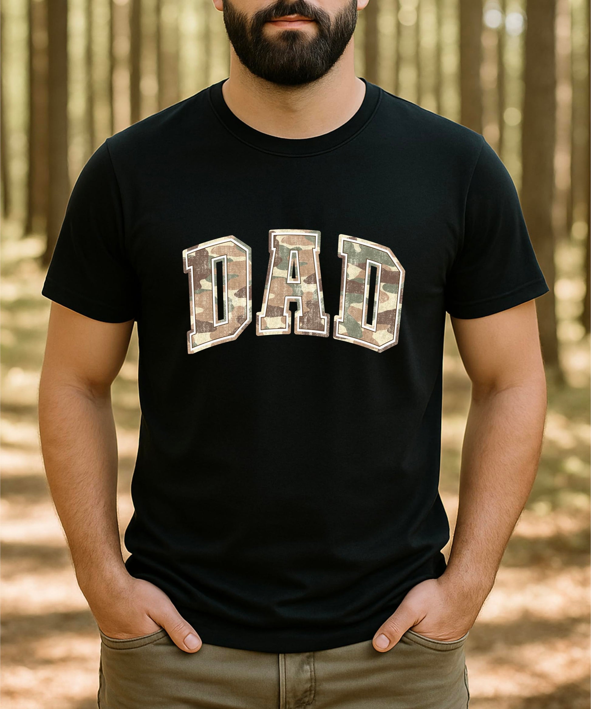 Detail shot of military-style camo DAD lettering on shirt