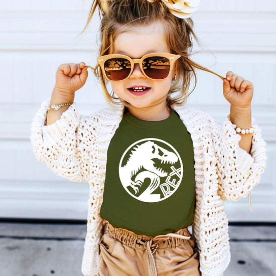 Size chart and fit guide for 2 Rex dinosaur 2nd birthday toddler shirt