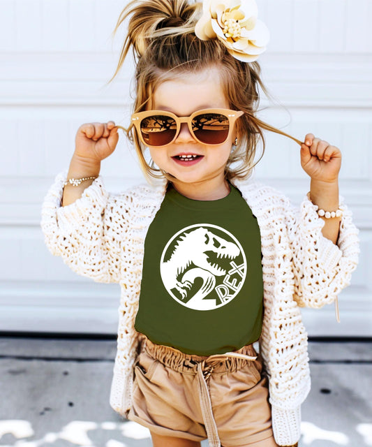 Size chart and fit guide for 2 Rex dinosaur 2nd birthday toddler shirt
