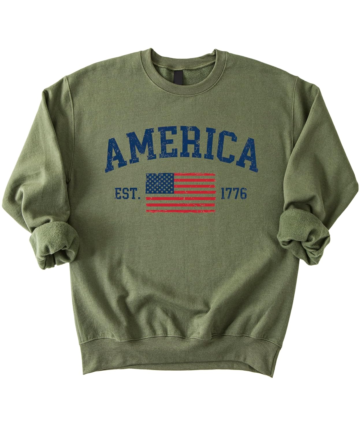 America Est 1776 white sweatshirt with vintage distressed USA flag graphic and varsity lettering