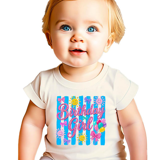 Side view of purple Birthday Girl shirt displaying classic kids fit and crew neck styling