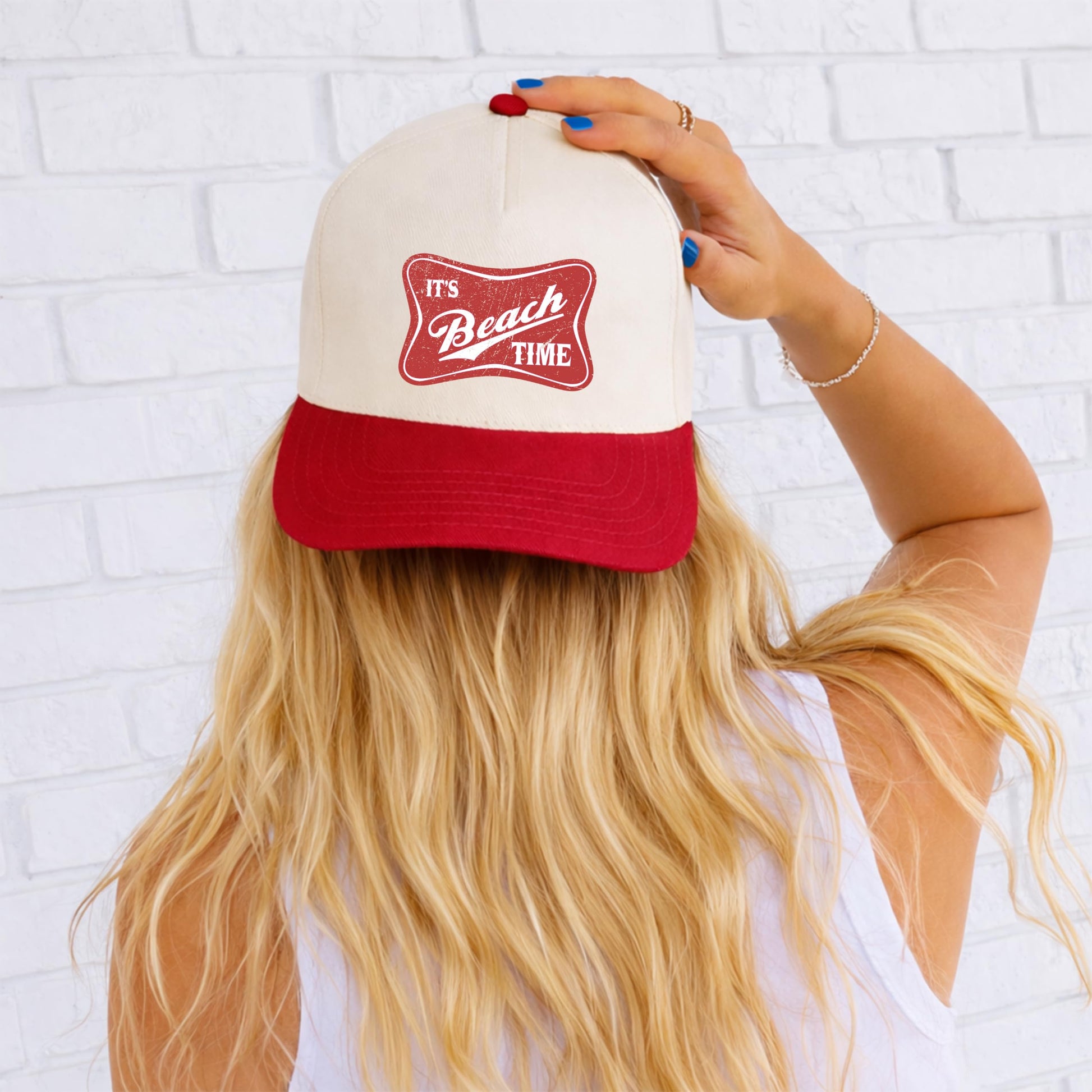 It's Beach Time snapback hat flat lay showing tan and black colorway and vintage summer design