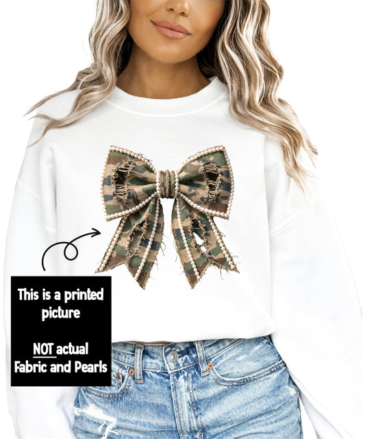 Olive Loves Apple Ink Printed Image NOT Fabric and Pearls Camo Coquette Bow with Pearl Trim Sweatshirt for Women & Youth