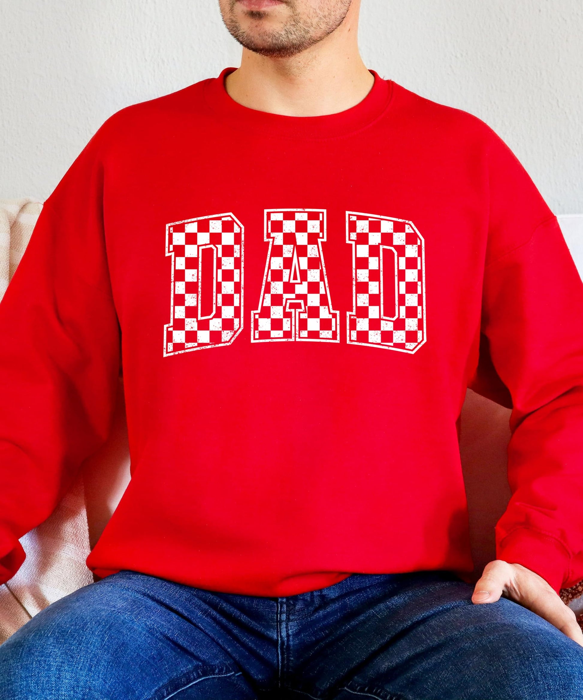 Dad checkered sweatshirt product shot highlighting quality fabric and construction