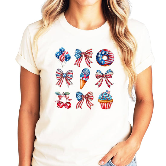 Natural colored patriotic graphic tee featuring American flag themed bows and sweet treats collage design