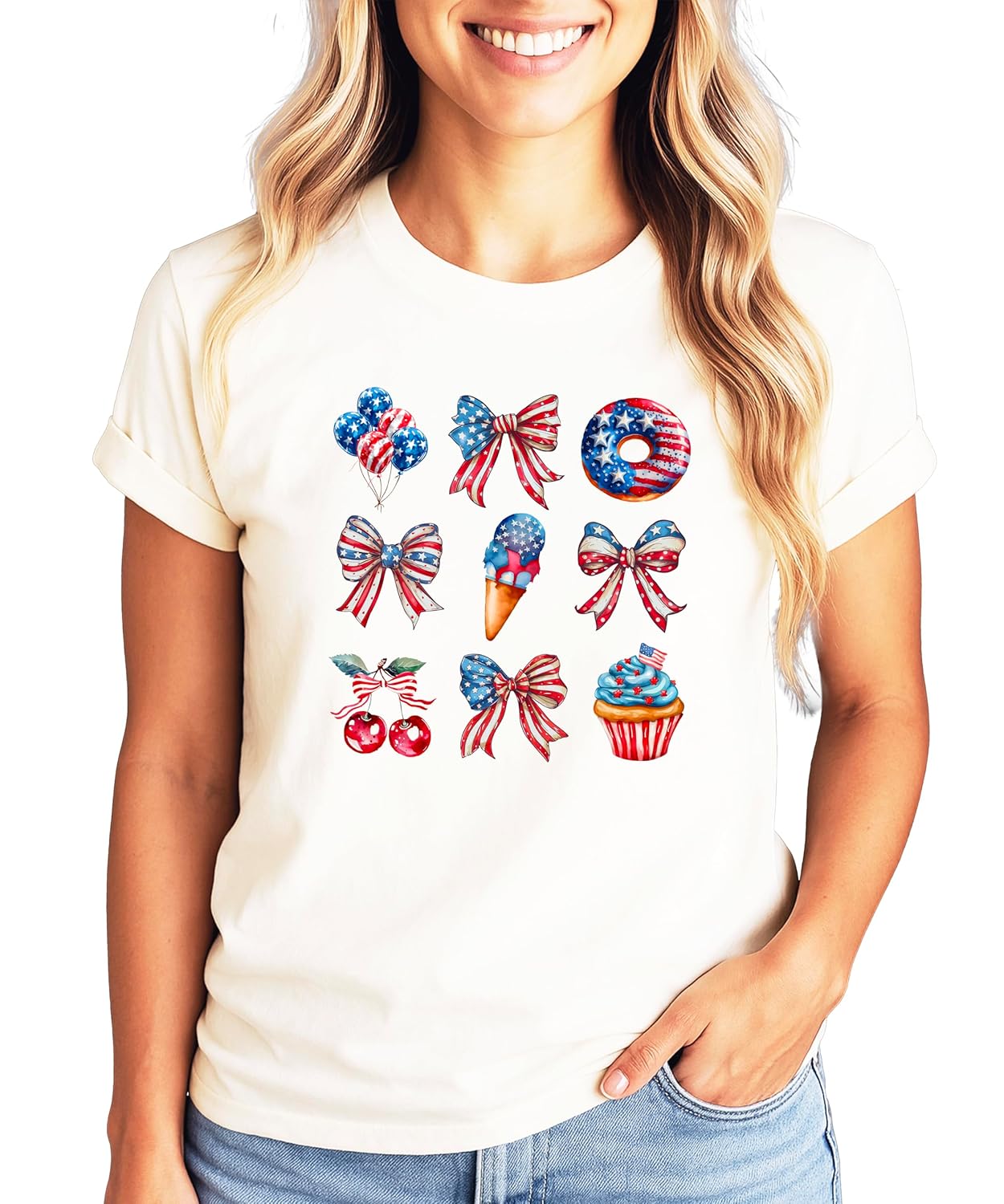Natural colored patriotic graphic tee featuring American flag themed bows and sweet treats collage design