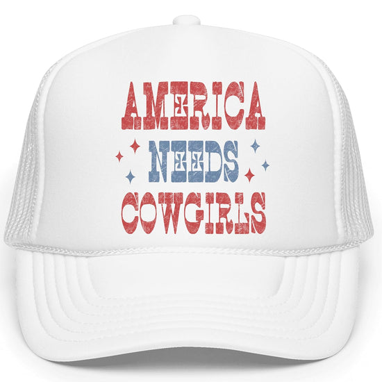 Flat lay product shot of America Needs Cowgirls trucker hat displaying full front design and bill curvature