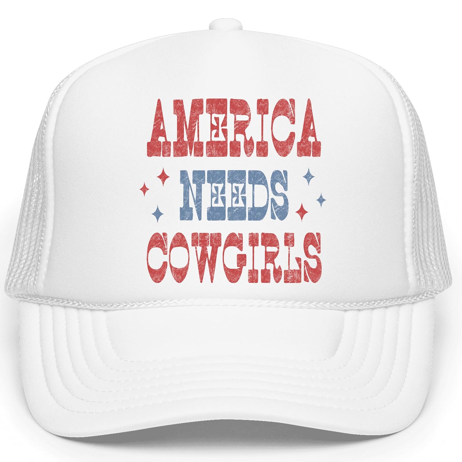 Flat lay product shot of America Needs Cowgirls trucker hat displaying full front design and bill curvature