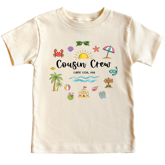 Cousin Crew Cape Cod beach vacation shirt with sandcastle and palm trees graphic on natural cotton tee