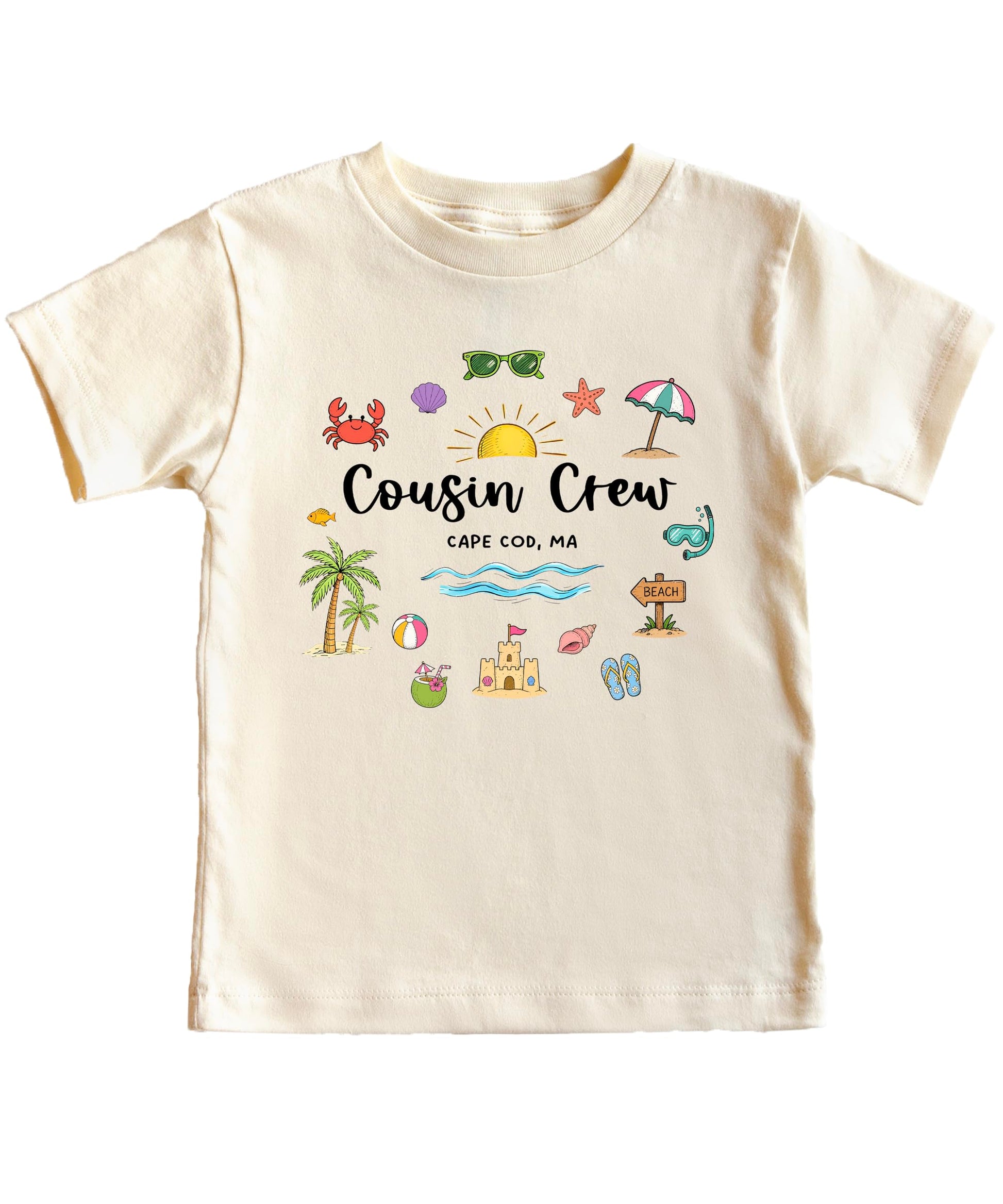 Cousin Crew Cape Cod beach vacation shirt with sandcastle and palm trees graphic on natural cotton tee