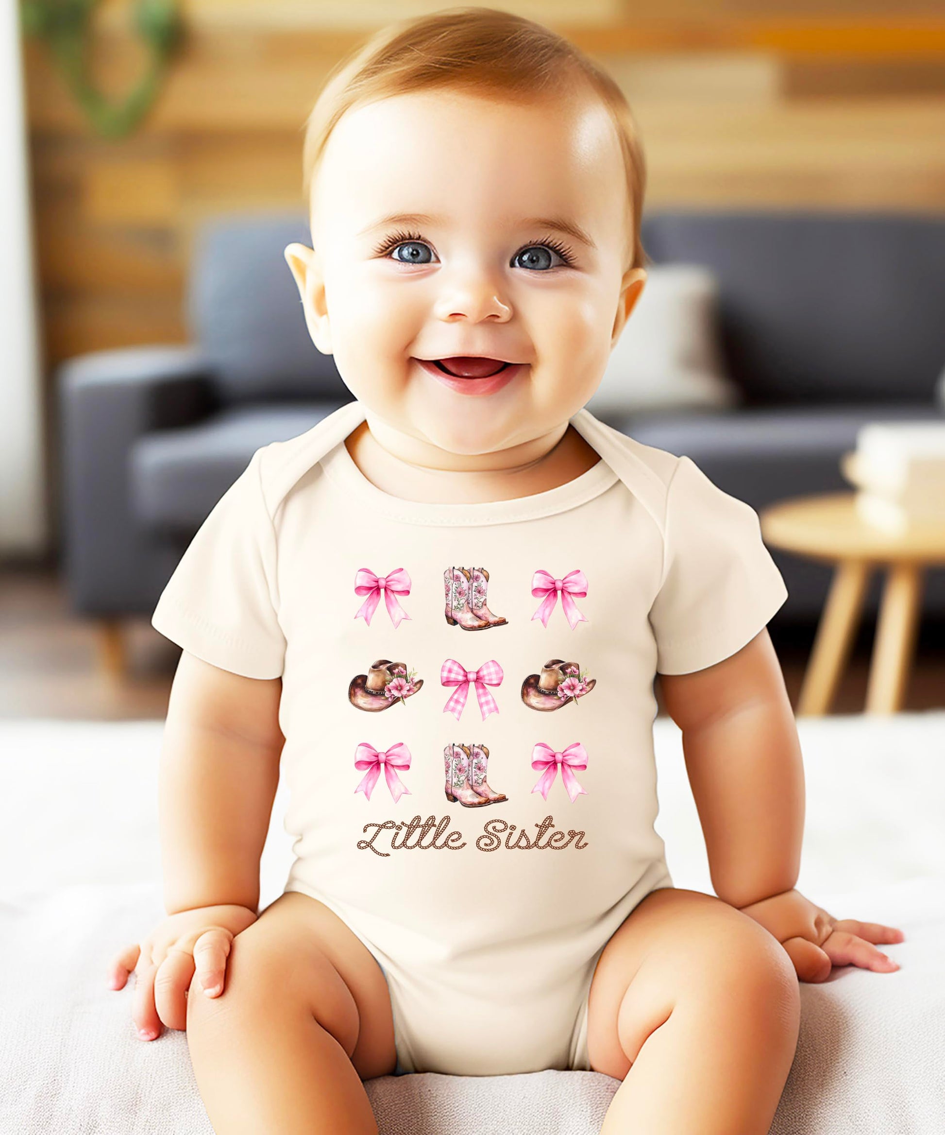Detail shot of Little Sister bodysuit print quality and vibrant pink western design