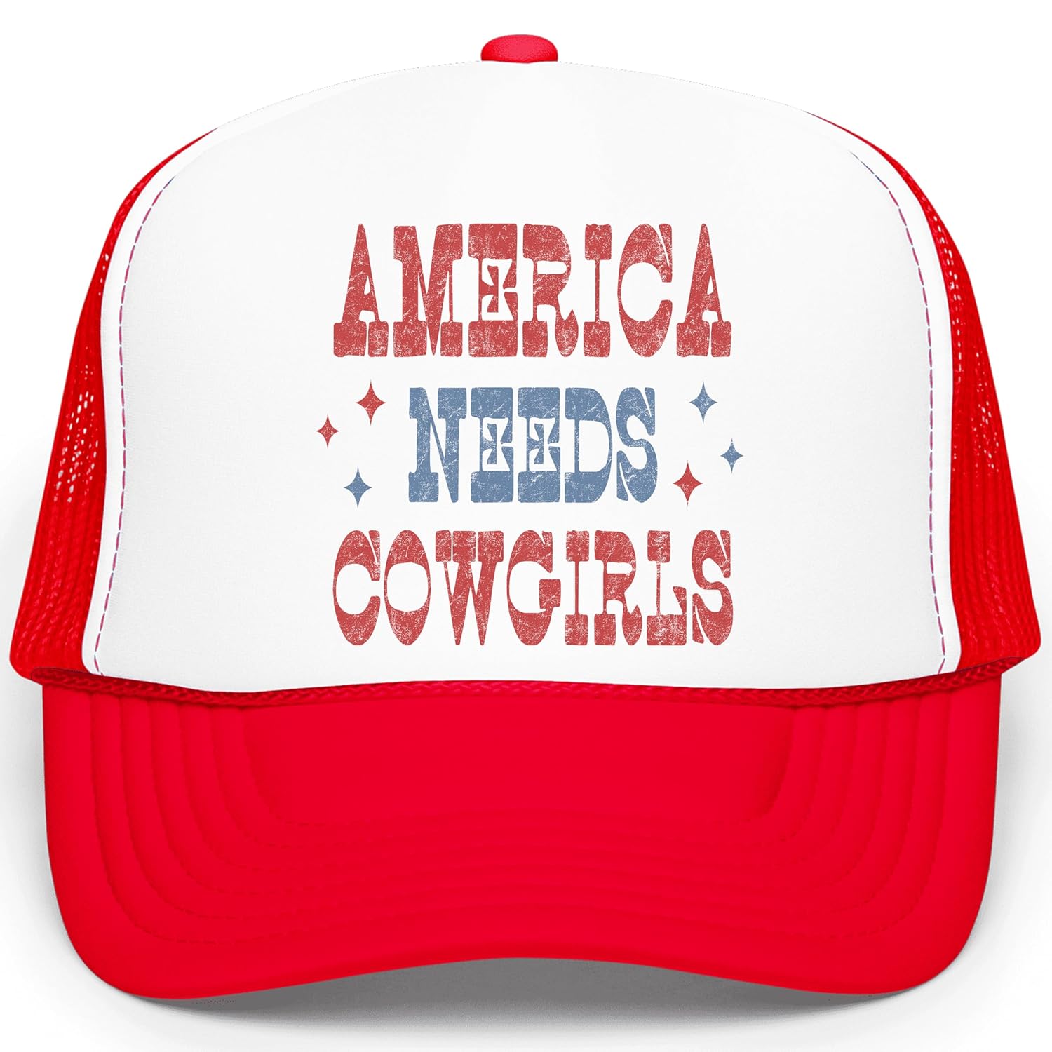 Back view of white trucker hat showing breathable mesh panels and adjustable plastic snapback closure mechanism