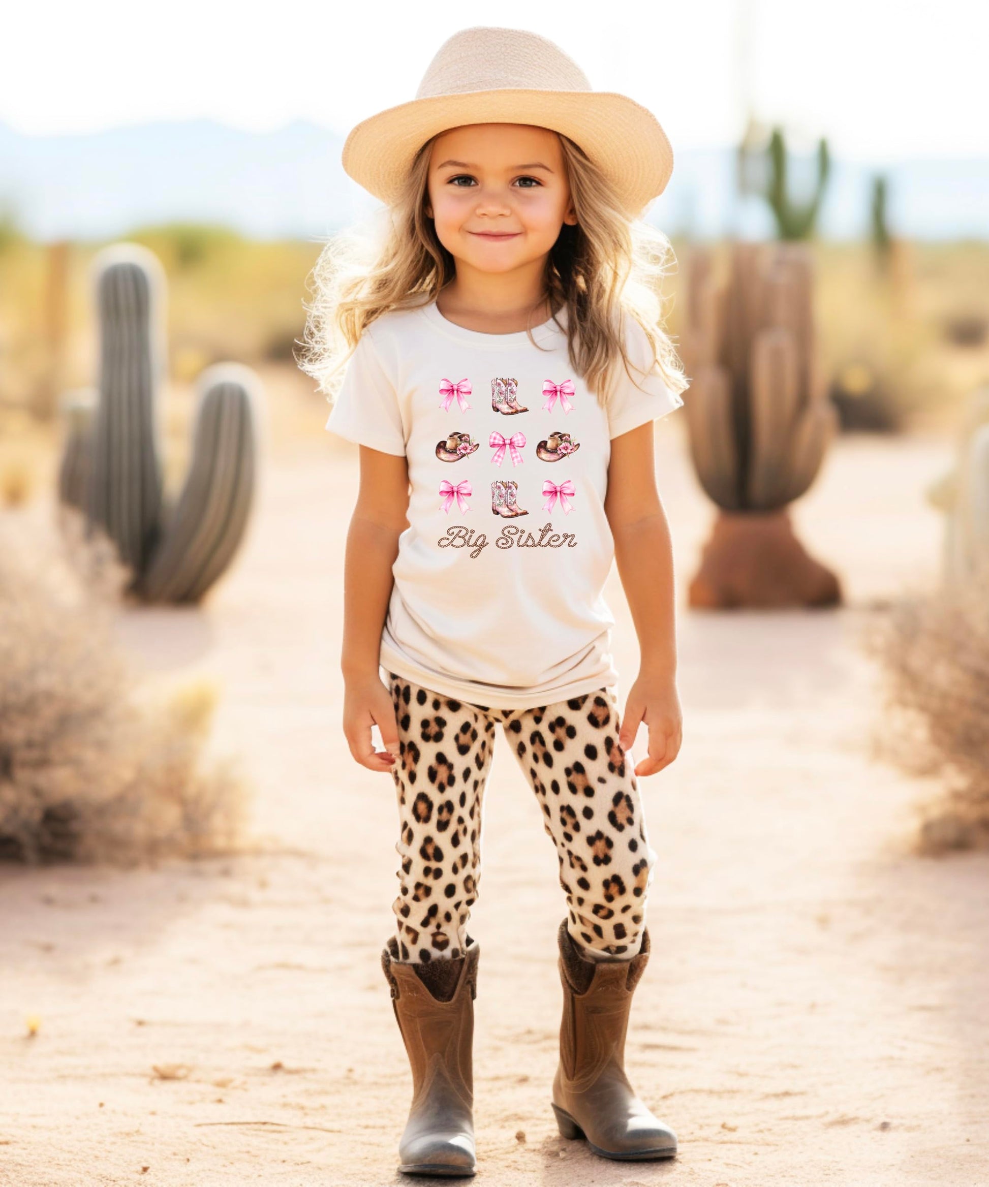 Big sister western shirt detail shot highlighting pink cowgirl boot and hat elements